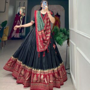Women's Stitched Ethnic Lehenga Choli with Zari Border and Contrast Dupatta