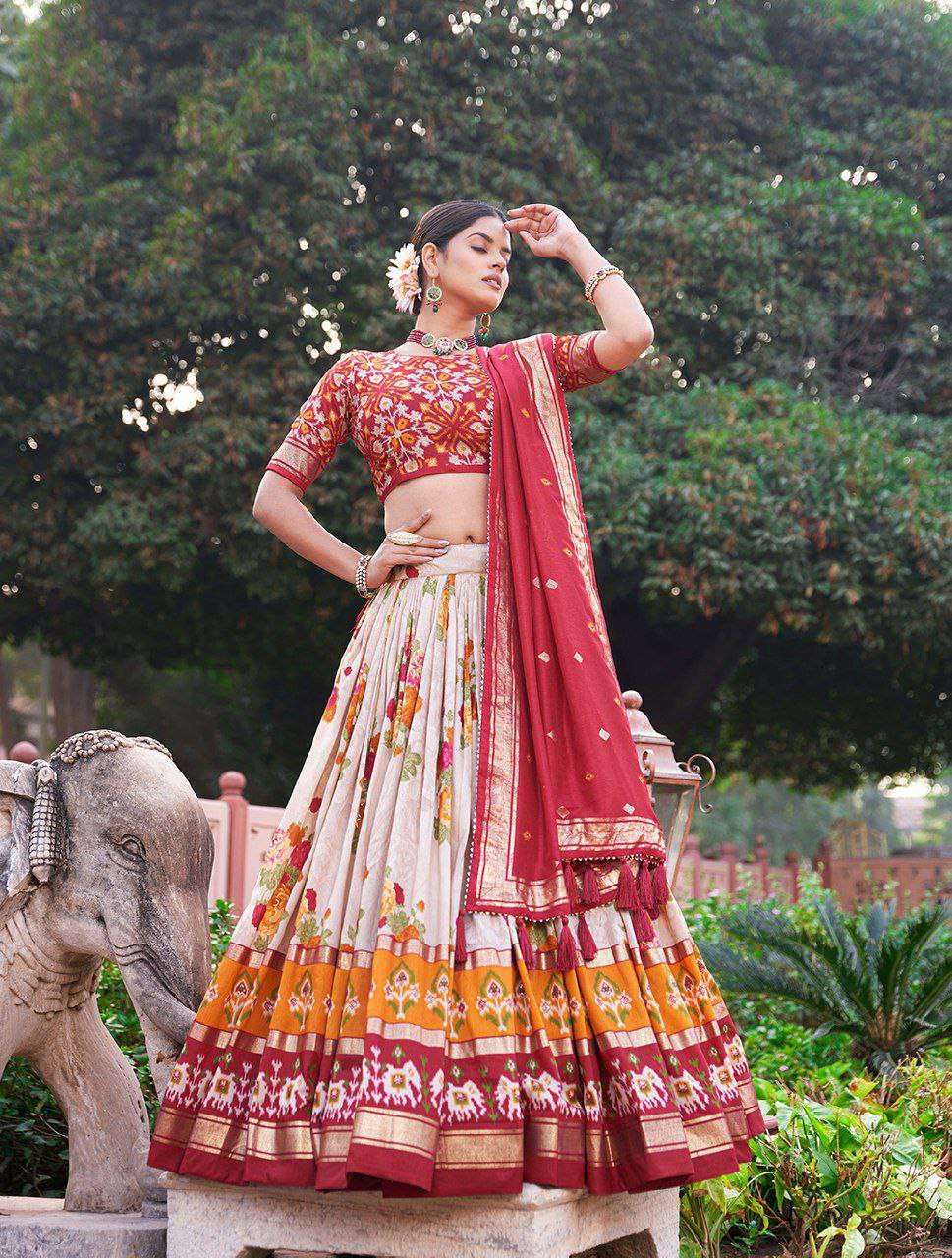 Women's Patola Print Tussar Silk Lehenga Choli Dupatta Set - Image 5