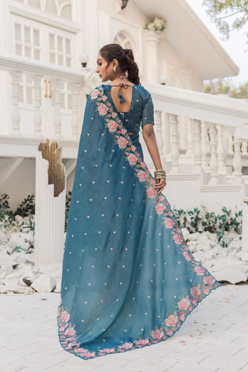 Women's Pristine White Organza Saree with Exquisite Pink & Green Floral Thread Embroidery β Complete with Matching Embroidered Blouse for Festive & Summer Wear - Image 19