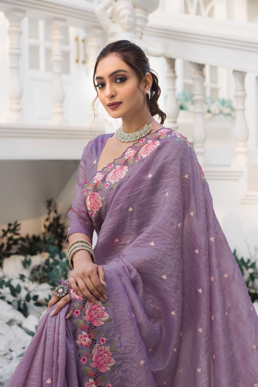 Women's Pristine White Organza Saree with Exquisite Pink & Green Floral Thread Embroidery β Complete with Matching Embroidered Blouse for Festive & Summer Wear - Image 14