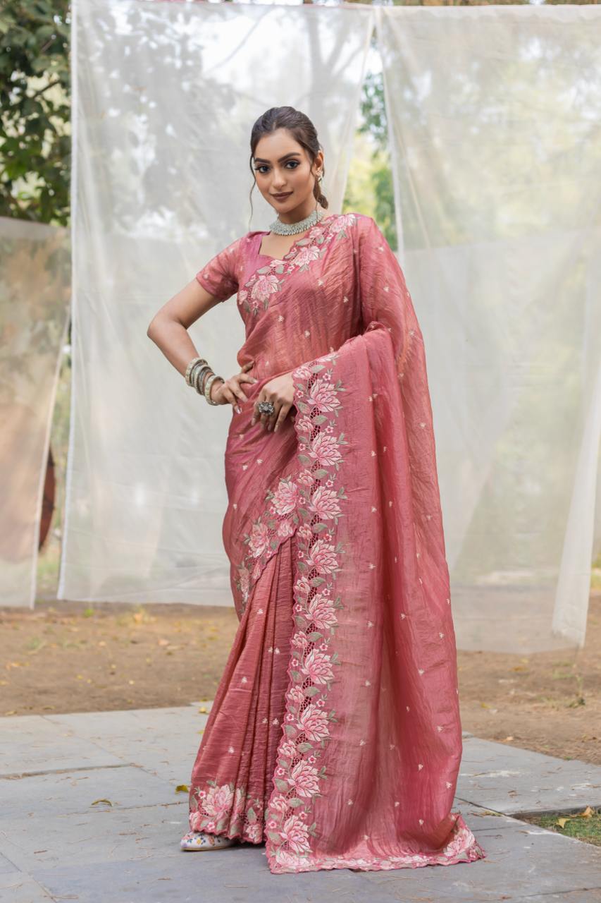 Women's Pristine White Organza Saree with Exquisite Pink & Green Floral Thread Embroidery β Complete with Matching Embroidered Blouse for Festive & Summer Wear - Image 13