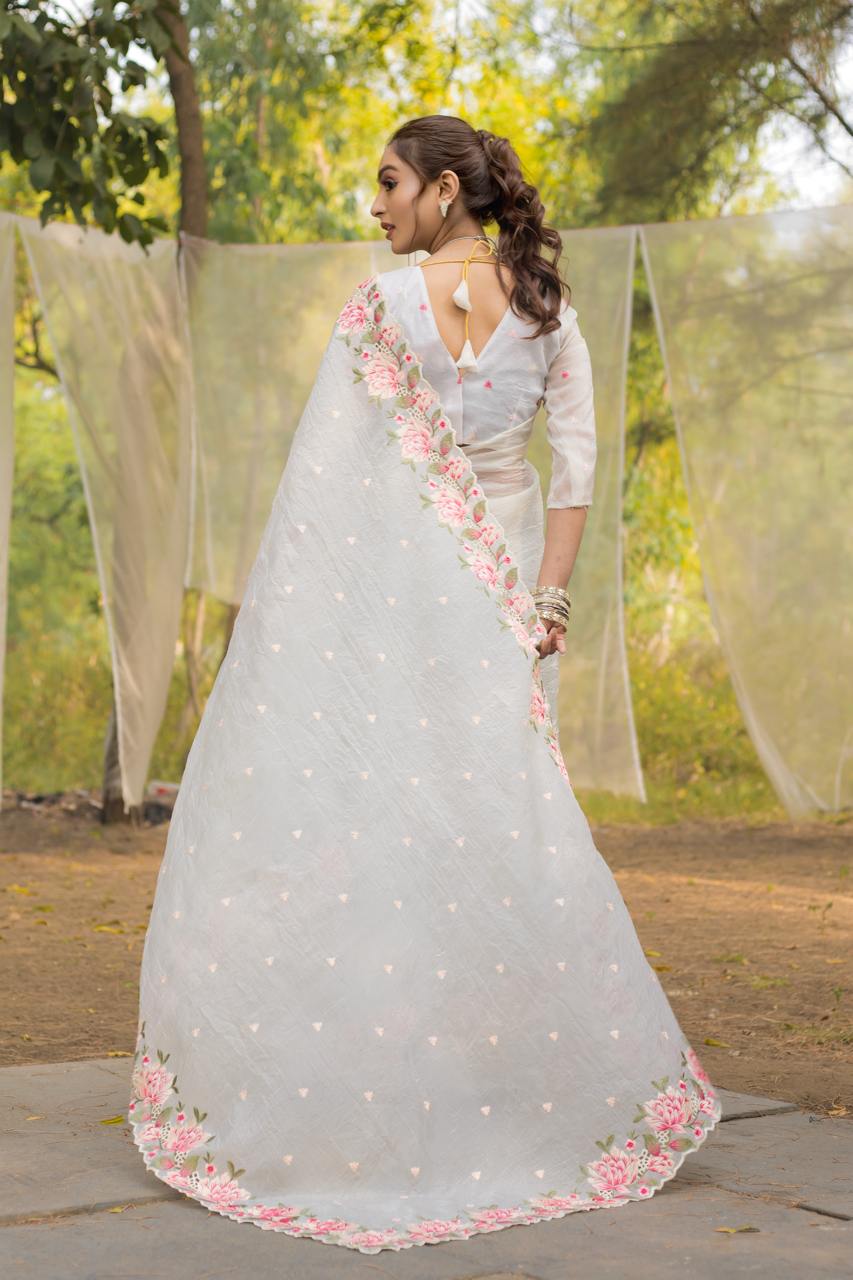 Women's Pristine White Organza Saree with Exquisite Pink & Green Floral Thread Embroidery β Complete with Matching Embroidered Blouse for Festive & Summer Wear - Image 3